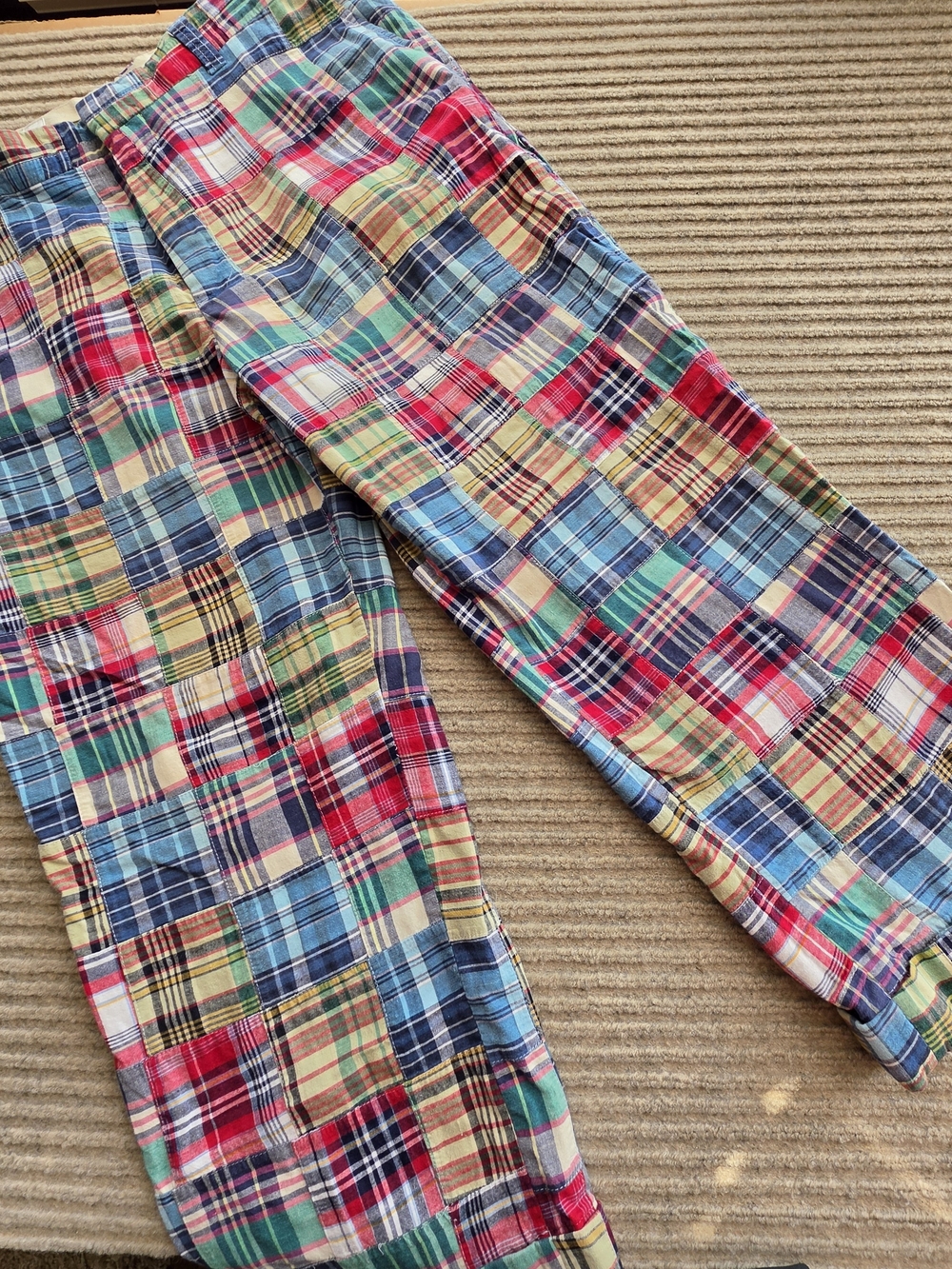 Orvis Patchwork Madras Plaid Pants Size 38 Actual 36x26.5 Rolled Cropped Vintage